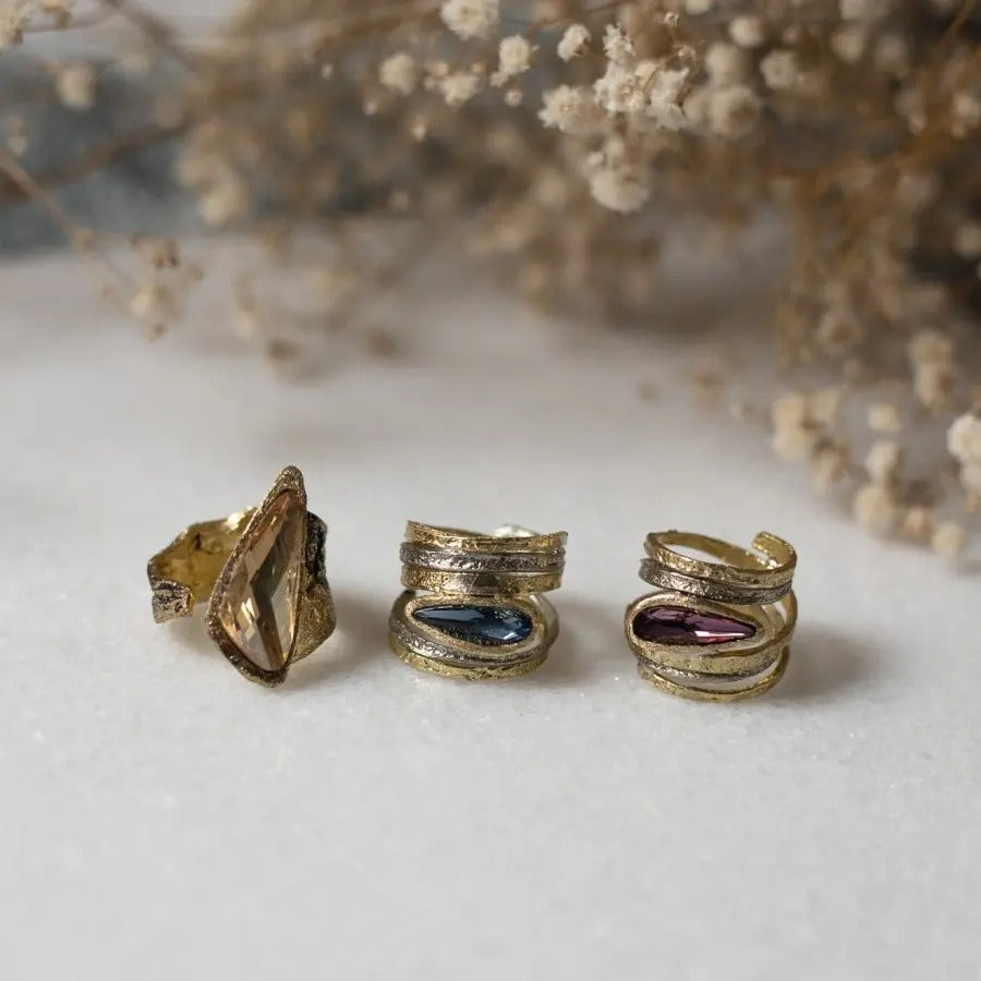 Bronze Sculptural Ring with Marquise-Cut Crystal