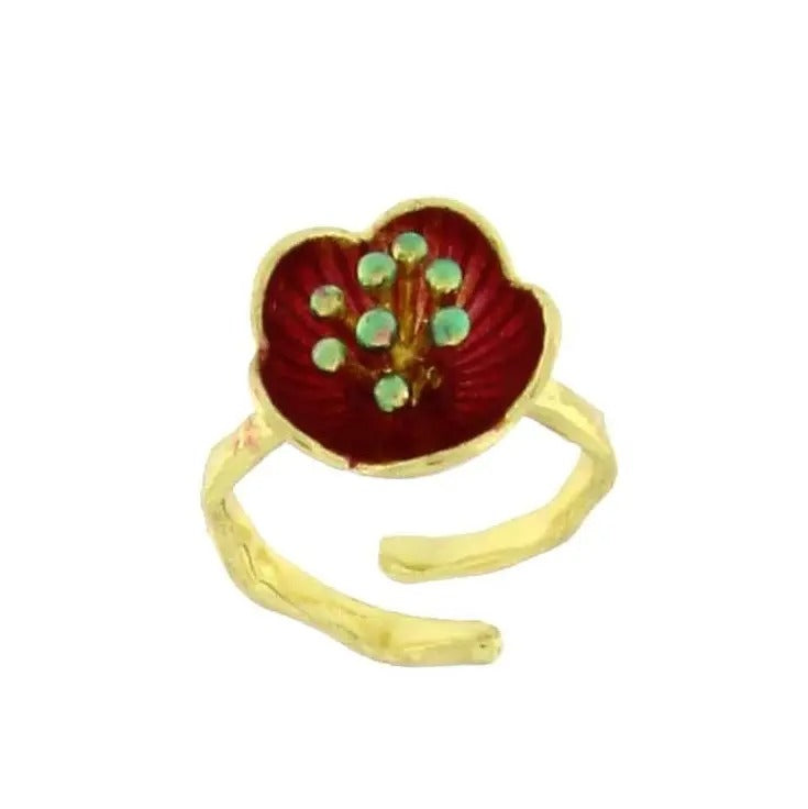 Bronze Ring with Red Enamel Flower