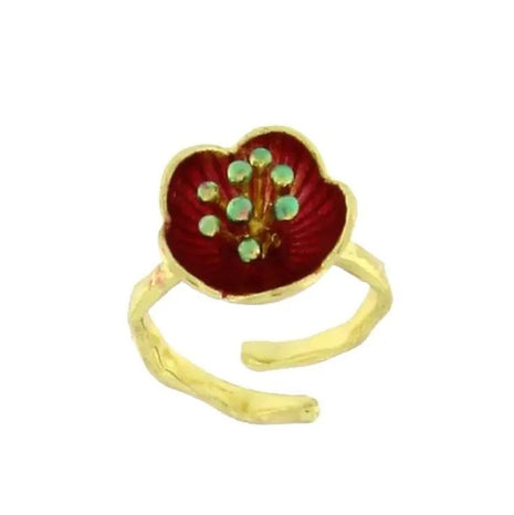 Bronze Ring with Red Enamel Flower