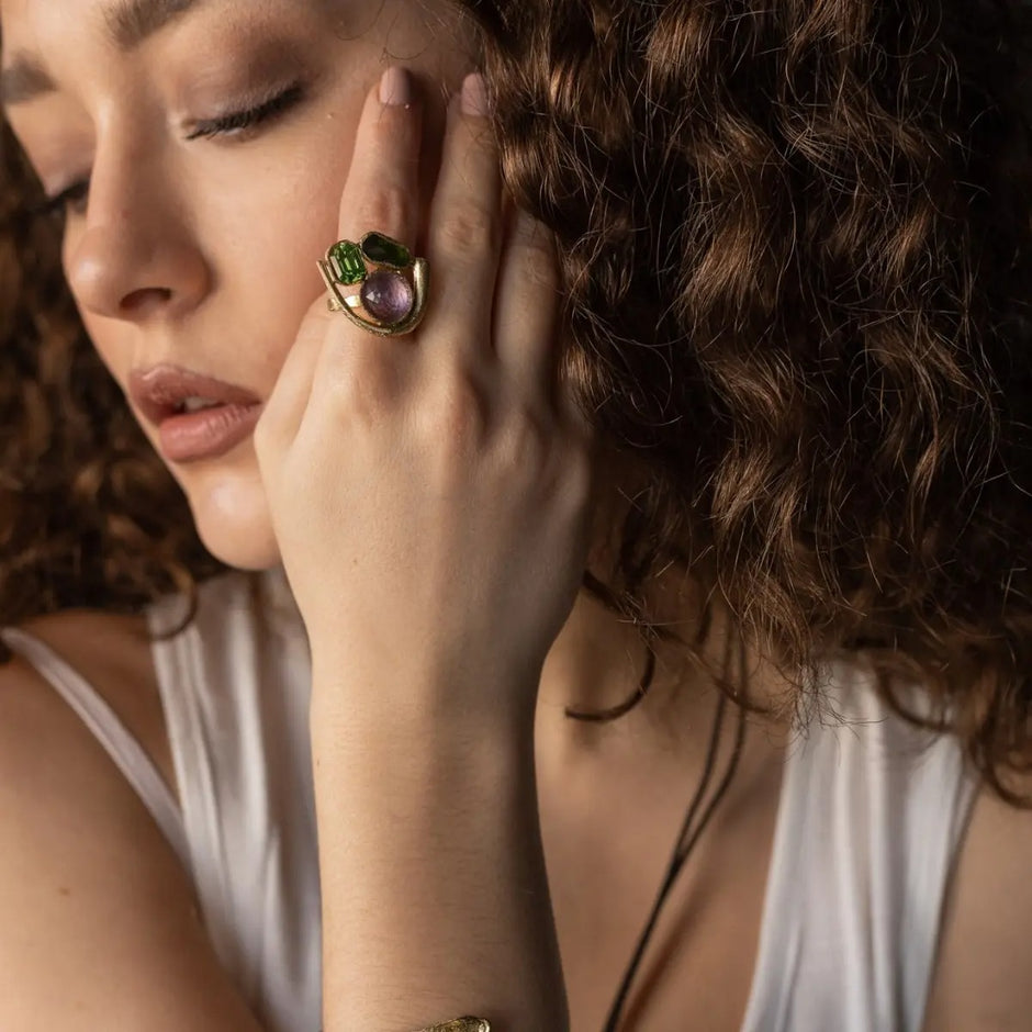Bronze Sculptural Ring with Trio of Crystals