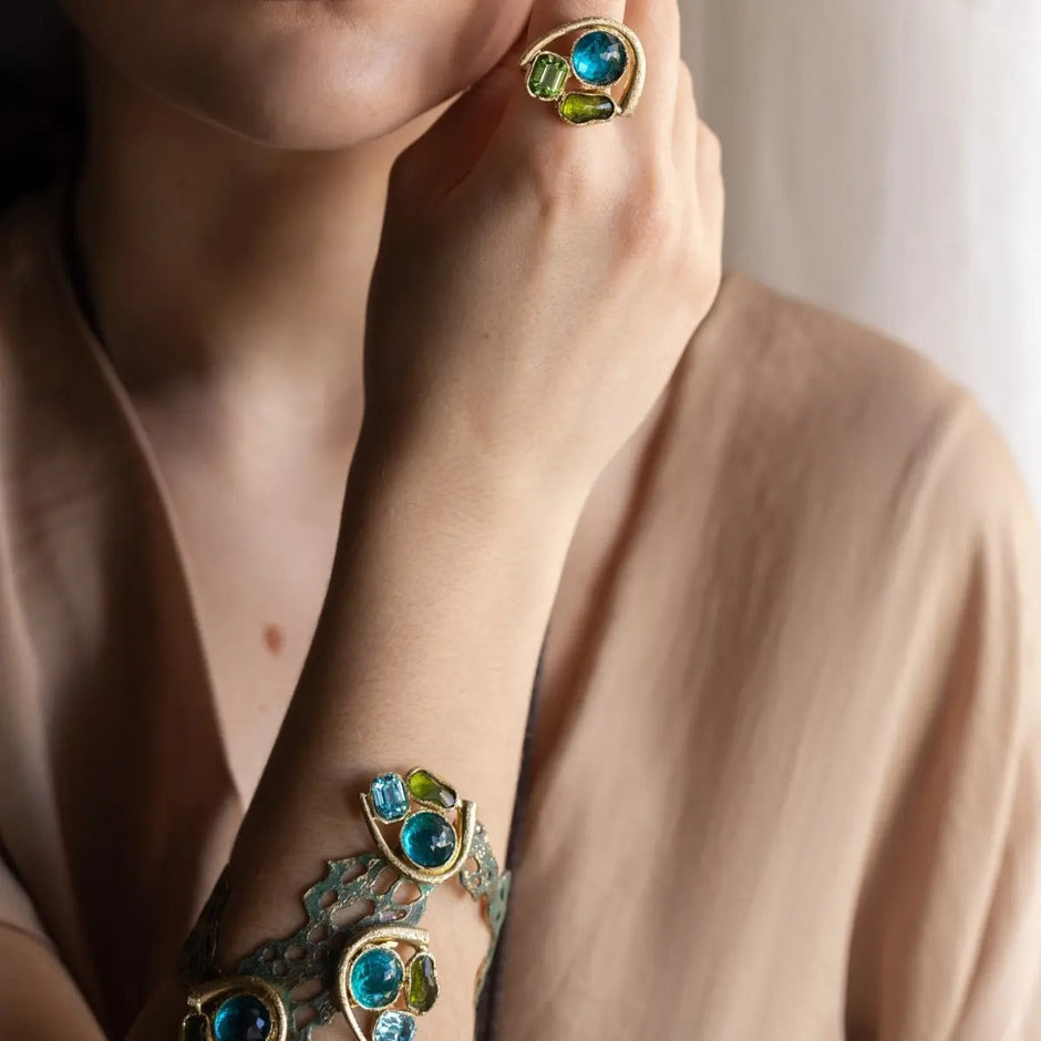 Bronze Sculptural Ring with Trio of Crystals