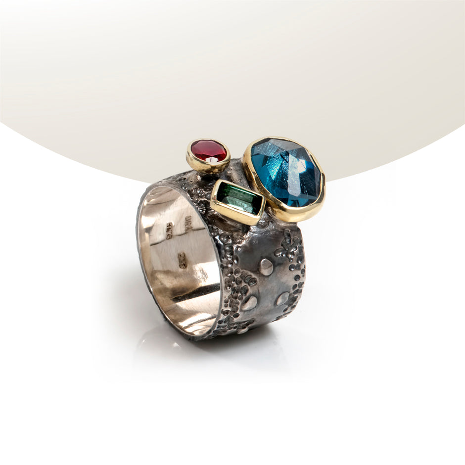 Enotia oxidized silver and 18 K gold ring with blue topaz and tourmalines – handmade in Greece