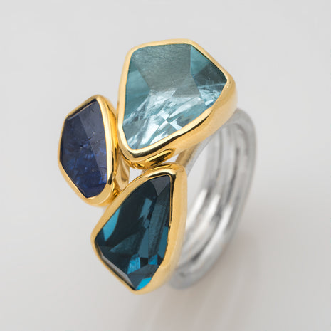 Enotia silver and 18K gold multi-gem ring with tourmaline and blue topaz, handmade in Greece