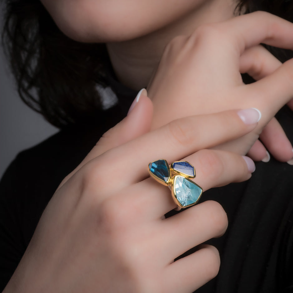 Silver Ring with 18K Gold Bezel and Multi-Gemstones