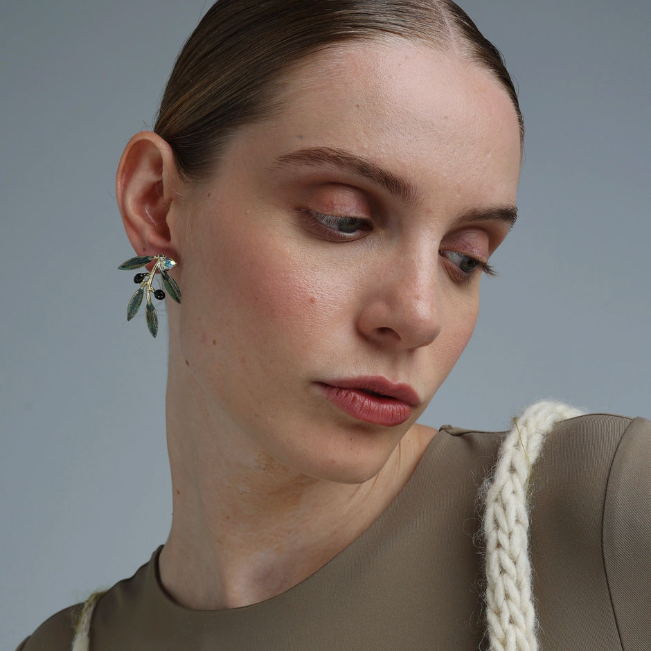 Olivine Earrings – Bronze with Green Oxidation & AB Crystal