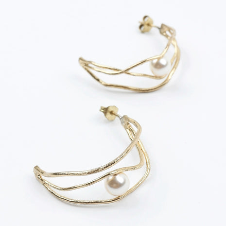 Luna Hoop Earrings – Handmade Bronze with Pearl