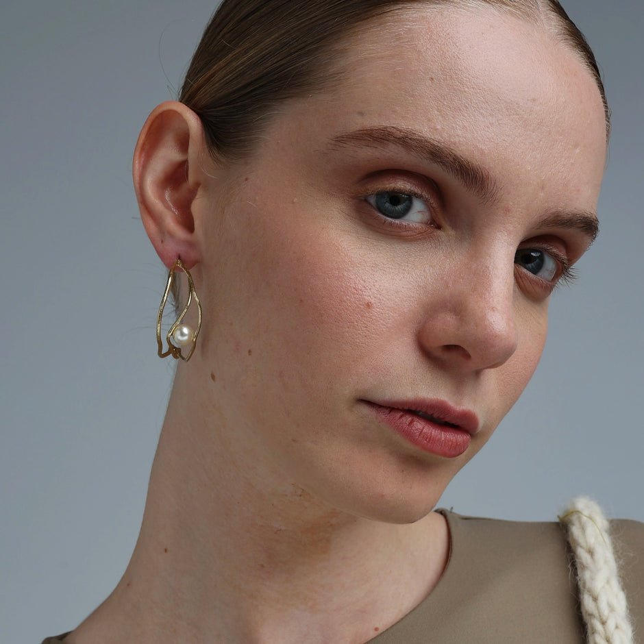 Luna Hoop Earrings – Handmade Bronze with Pearl