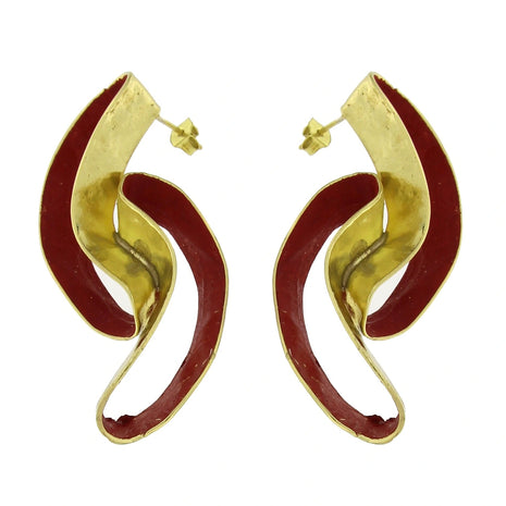 Flowing Bronze Earrings with Red Enamel – Sculptural Design