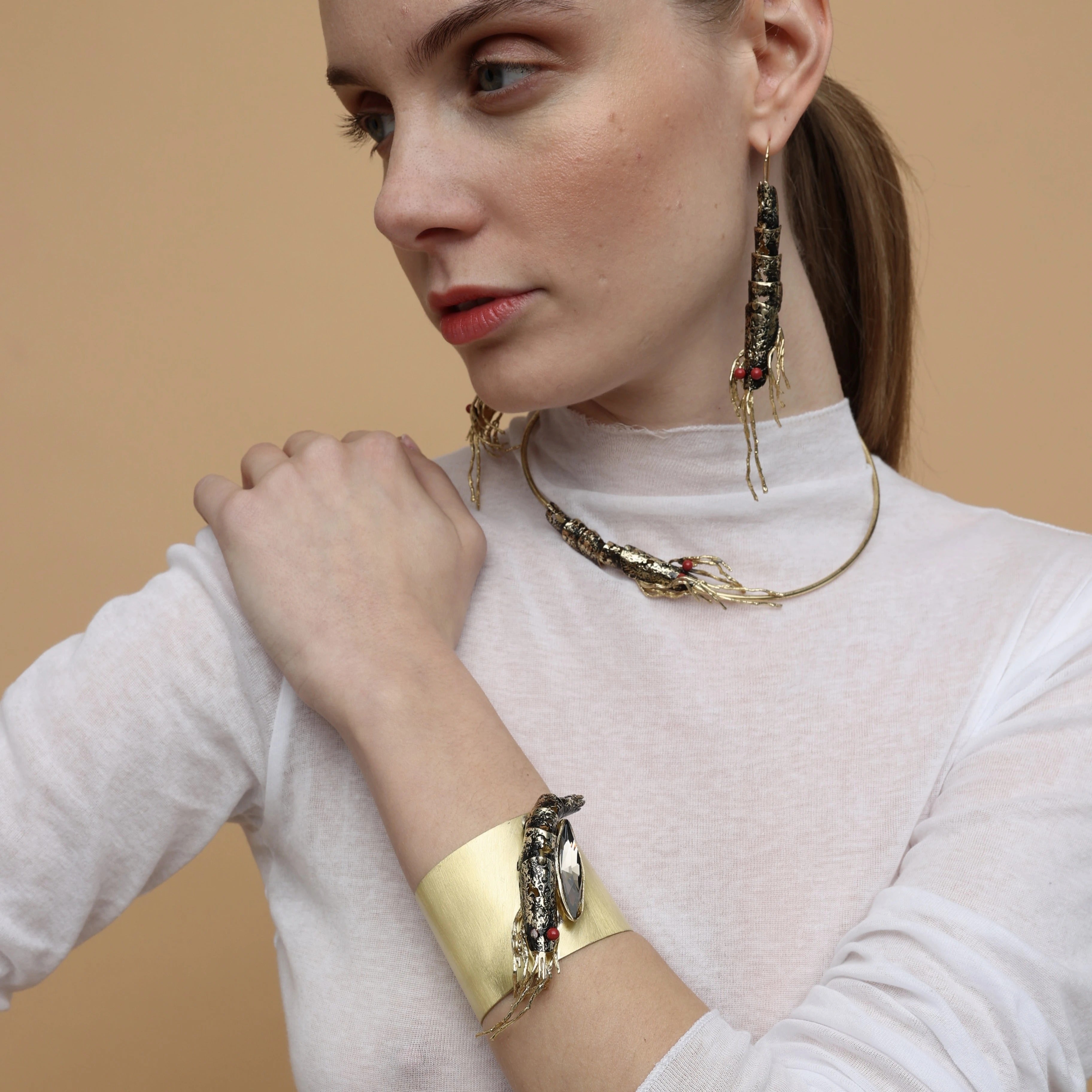 Sculptural Bronze Shrimp Earrings with Cranberry Pearls – Handmade in Greece