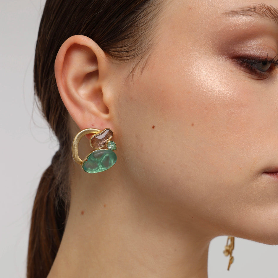 Bronze Stud Earrings with Aqua & Violet Resin