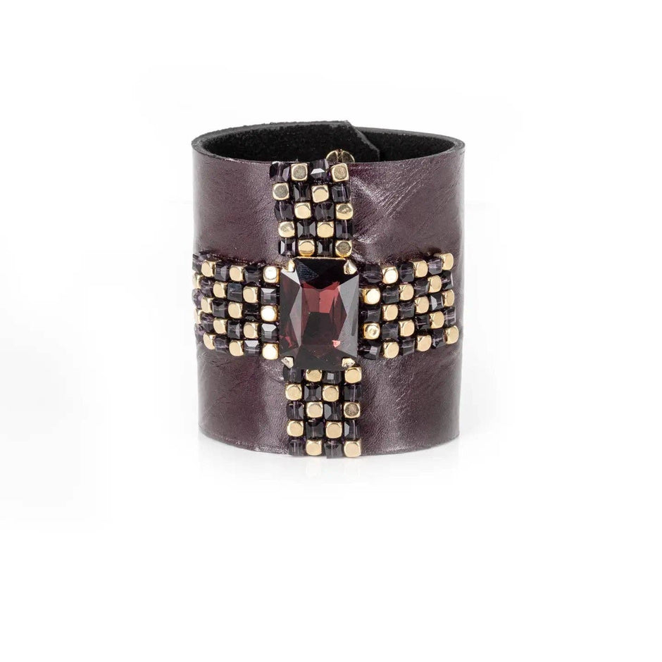 THE DARK Atelier garnet-toned crystal leather cuff with beaded cross motif in deep plum