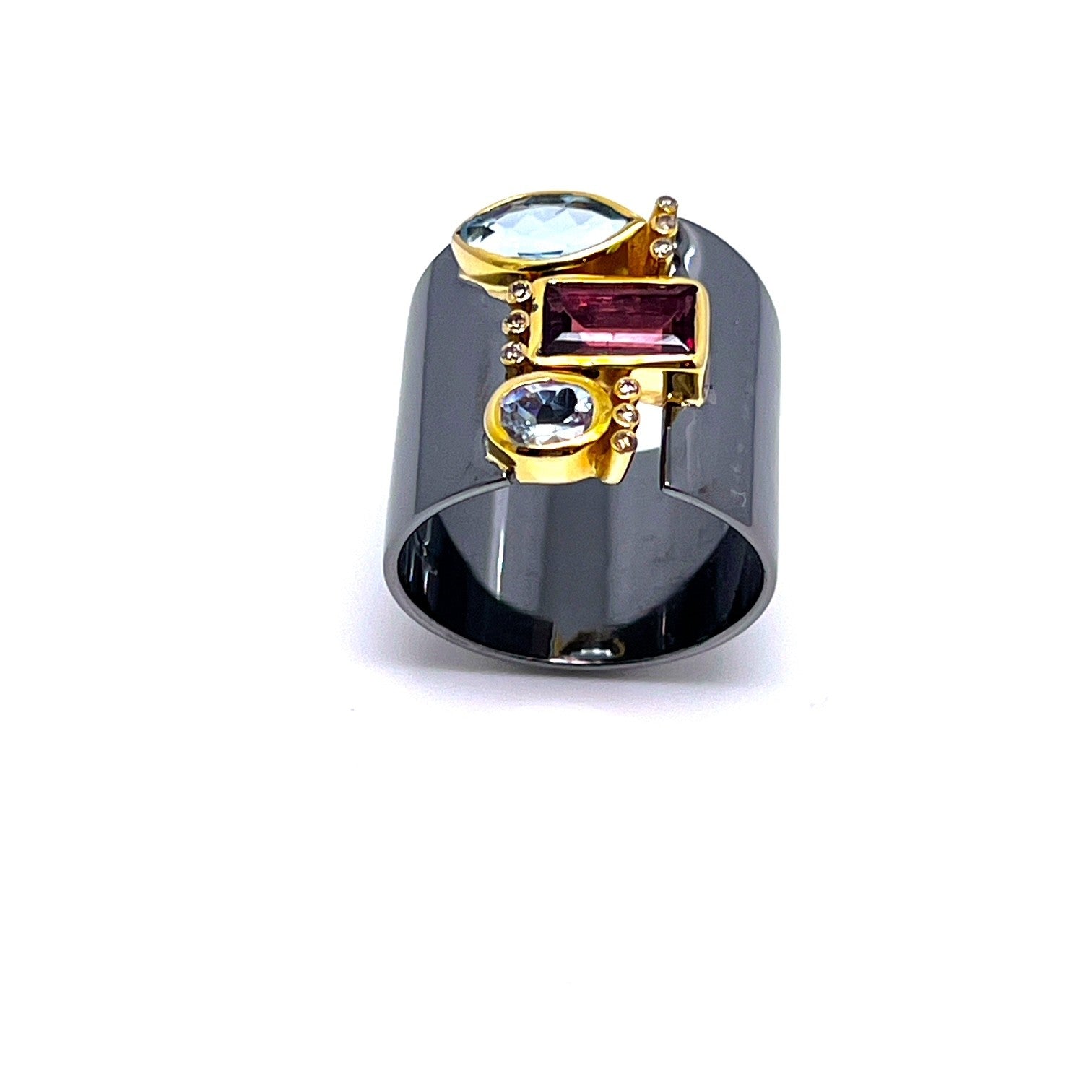 Ring – K14 Gold & Silver with Tourmaline, Aquamarine & Brown Diamond