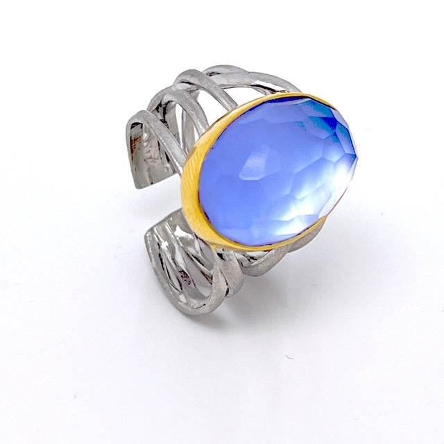 Sterling Silver Ring with Blue Agate and Gold-Plated Bezel