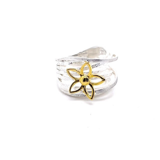 925 Sterling Silver Floral Statement Ring with Gold-Plated Bloom