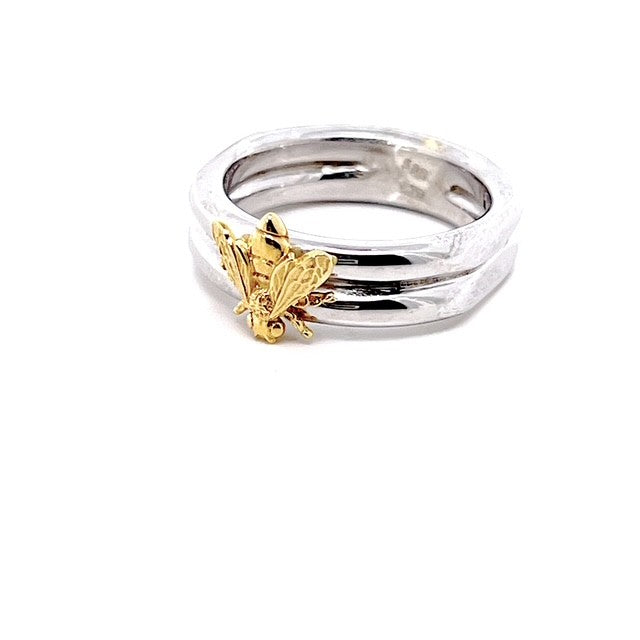Silver 925 Double Band Ring with Gold Bee Accent