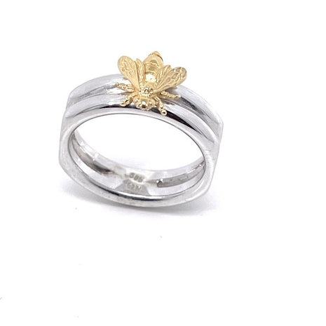 Silver 925 Double Band Ring with Gold Bee Accent