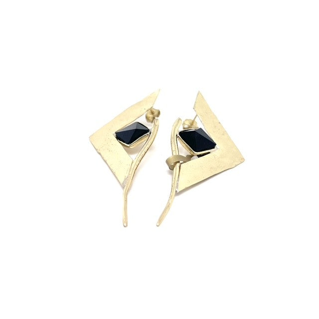 Geometric Bronze Earrings with Resin & Oxidized Detail – Black or Green