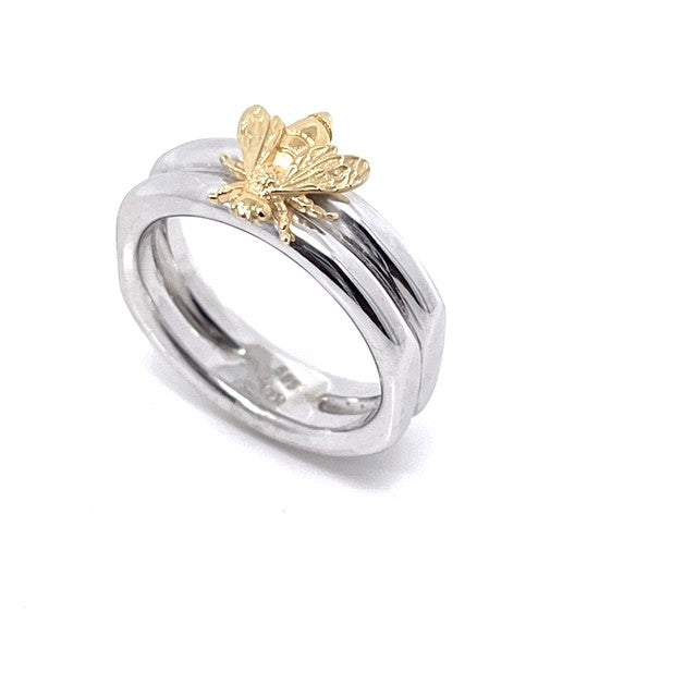 Silver 925 Double Band Ring with Gold Bee Accent