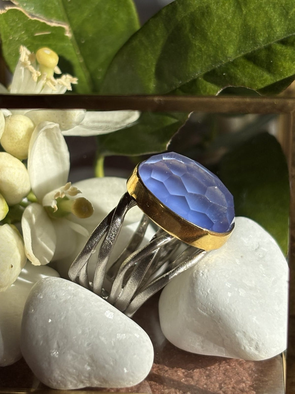 Sterling Silver Ring with Blue Agate and Gold-Plated Bezel